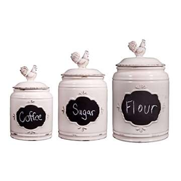 MosJos Kitchen Canisters Set of 3 Antique Jars for Kitchen Storage with Rooster Lid, Premium Ceramic Canister Set with Chalkboard Labels – Airtight Farmhouse Canisters for Flour, Coffee, Sugar.