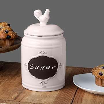 MosJos Kitchen Canisters Set of 3 Antique Jars for Kitchen Storage with Rooster Lid, Premium Ceramic Canister Set with Chalkboard Labels – Airtight Farmhouse Canisters for Flour, Coffee, Sugar.