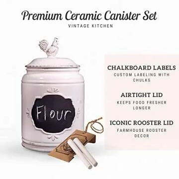 MosJos Kitchen Canisters Set of 3 Antique Jars for Kitchen Storage with Rooster Lid, Premium Ceramic Canister Set with Chalkboard Labels – Airtight Farmhouse Canisters for Flour, Coffee, Sugar.