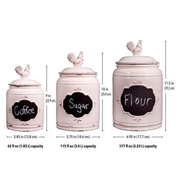 MosJos Kitchen Canisters Set of 3 Antique Jars for Kitchen Storage with Rooster Lid, Premium Ceramic Canister Set with Chalkboard Labels – Airtight Farmhouse Canisters for Flour, Coffee, Sugar.