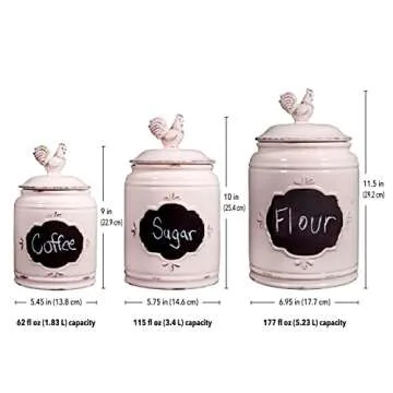 MosJos Kitchen Canisters Set of 3 Antique Jars for Kitchen Storage with Rooster Lid, Premium Ceramic Canister Set with Chalkboard Labels – Airtight Farmhouse Canisters for Flour, Coffee, Sugar.