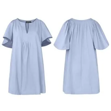 ROYLAMP Women's Elegant Pleated Dress V-Neck Oversized Flutter Sleeves Summer Shift Casual Mini Dresses with Pockets Light Purple L