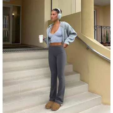 OQQ Women's 2 Piece Flared Pants Ribbed Fold Over Kick Ruched Stretch High Waist Casual Wide Leg Black Darkgrey