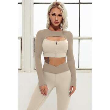QINSEN Women's Yoga Leggings 2 Piece Outfit Color Block Long Sleeve Crop Top Sport Shirt Sets Beige M