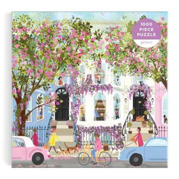 Galison Spring Terrace – 1000 Piece Joy Laforme Puzzle Featuring a Magnolia Filled Neighborhood Day On A Spring Day