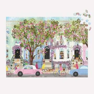 Galison Spring Terrace – 1000 Piece Joy Laforme Puzzle Featuring a Magnolia Filled Neighborhood Day On A Spring Day