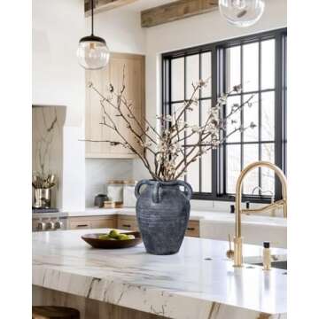 Handmade Flower Vase, 9.8" Tall Terracotta Vase, Vintage Ceramic vase, Rustic Antique Decor with 4 Handles, Wide Mouth, Matte Finish for Home Office Resto Café Décor