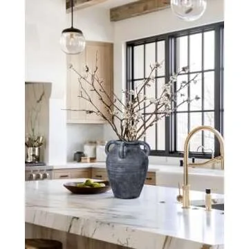 Handmade Flower Vase, 9.8" Tall Terracotta Vase, Vintage Ceramic vase, Rustic Antique Decor with 4 Handles, Wide Mouth, Matte Finish for Home Office Resto Café Décor