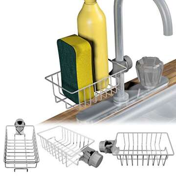 Kitchen Faucet Sponge Holder,LOVKITCHEN Stainless Steel Storage Rack Hanging Sink Caddy Organizer for Scrubbers, Soap,Detachable Knob fixation design, No Drilling for Kitchen and Bathroom Accessories