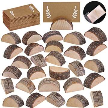 30 Pcs Rustic Wood Wedding Place Card Holders with 32 Pcs Kraft Tented Cards Half-Round Table Number...