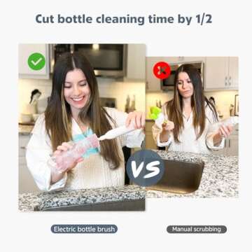 MomMed Electric Bottle Brush, Electric Baby Bottle Brush Set with Silicone Bottle/Pacifier/Straw Brush and Mixing Head, Waterproof Bottle Cleaner Brush with Drying Rack, 2 Modes & 360° Rotation Pink