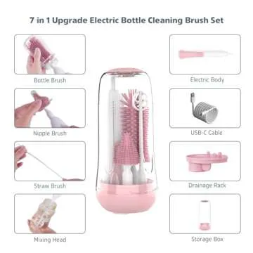 MomMed Electric Bottle Brush, Electric Baby Bottle Brush Set with Silicone Bottle/Pacifier/Straw Brush and Mixing Head, Waterproof Bottle Cleaner Brush with Drying Rack, 2 Modes & 360° Rotation Pink