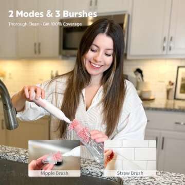 MomMed Electric Bottle Brush, Electric Baby Bottle Brush Set with Silicone Bottle/Pacifier/Straw Brush and Mixing Head, Waterproof Bottle Cleaner Brush with Drying Rack, 2 Modes & 360° Rotation Pink