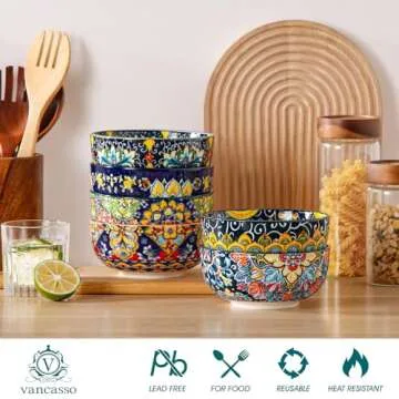 vancasso Cereal Bowls Set of 6, Bohemian Ceramic Soup Bowls, 28 oz Colorful Bowls Set for Kitchen, Dishwasher & Microwave Safe for Salad, Pasta, Rice, Oatmeal, Fruit
