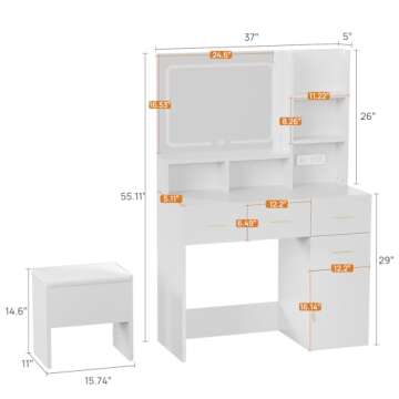 walsport Vanity Desk with Mirror, LED Lights and Power Outlet Makeup Vanity Table with 4 Drawers 1 C...