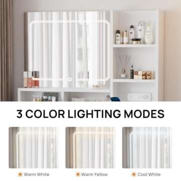 walsport Vanity Desk with Mirror, LED Lights and Power Outlet Makeup Vanity Table with 4 Drawers 1 Cabinet and 4 Storage Shelves Dressing Table for Bedroom Dressing Room (White)