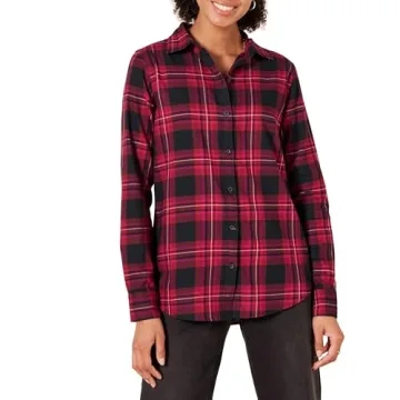 Amazon Essentials Women's Classic-Fit Long-Sleeve Lightweight Plaid Flannel Shirt, Black Pink Chelse...