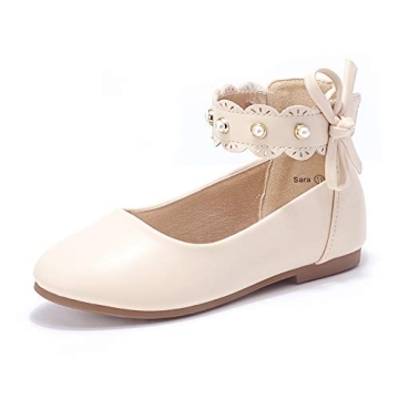 PANDANINJIA Girls Dress Shoes Flower Girl Beige Flats Pearls Ballet Bow Mary Jane Ankle Strap Sara W...