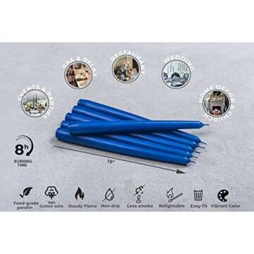 Melt Candle Tall Taper Candles, 10 Pack - Blue Candle Sticks, 10" W/ 8 Hour Burn Time - Dripless, Unscented Candles for Dinner - Wax Candle