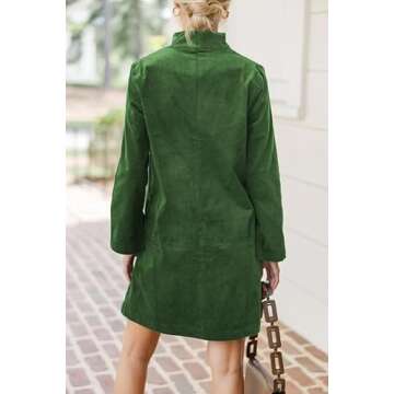 EZAPINE Women Corduroy Dress V Neck Long Sleeve Casual Vintage Retro A Line Mini Dresses Green