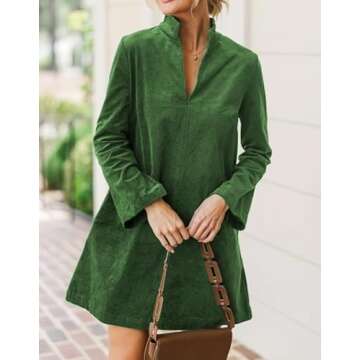EZAPINE Women Corduroy Dress V Neck Long Sleeve Casual Vintage Retro A Line Mini Dresses Green