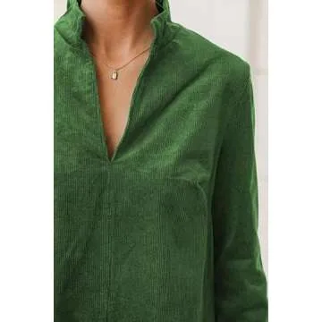 EZAPINE Women Corduroy Dress V Neck Long Sleeve Casual Vintage Retro A Line Mini Dresses Green