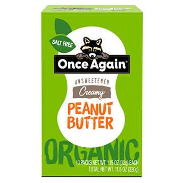 Once Again Organic Creamy Peanut Butter - 1.15oz Squeeze Packs, 10 Count - Salt Free, Unsweetened - USDA Organic, Gluten Free Certified, Vegan, Kosher