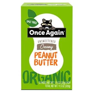 Once Again Organic Creamy Peanut Butter - 1.15oz Squeeze Packs, 10 Count - Salt Free, Unsweetened - USDA Organic, Gluten Free Certified, Vegan, Kosher