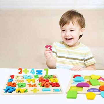 Wooden Puzzle for Toddlers, Aitey Wooden Alphabet Number Shape Puzzle ABC Learning Toys for Toddlers Kids Ages 3 4 5 Years Old (Set of 3)