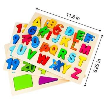Wooden Puzzle for Toddlers, Aitey Wooden Alphabet Number Shape Puzzle ABC Learning Toys for Toddlers Kids Ages 3 4 5 Years Old (Set of 3)