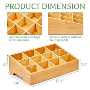 TIMIEEYA Tea Bag Organizer - Bamboo Storage with 12 Compartments for Tea Bags