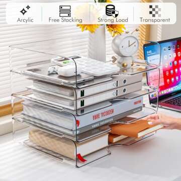 Paper Organizer Letter Tray, 4 Pack Acrylic Stackable Desk File Organizer,Clear File Organizer for Desk, Office Organizer for File Paper, Ipad, Letter, A4 Office File, Books, Notes, Paper Folder