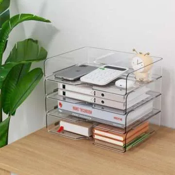 Paper Organizer Letter Tray, 4 Pack Acrylic Stackable Desk File Organizer,Clear File Organizer for Desk, Office Organizer for File Paper, Ipad, Letter, A4 Office File, Books, Notes, Paper Folder