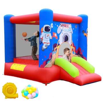 WELLFUNTIME Inflatable Bounce House Jumping Castle Slide with Blower, Kids Bouncer with Basketball Rim, 110x82.5x72.8 Inch Bouncy Castle