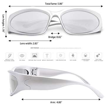 knliwkm 2 Pairs Y2K Wrap Around Sunglasses Sports Futuristic Oval Glasses for Women Men Trendy Fashion Shades Silver