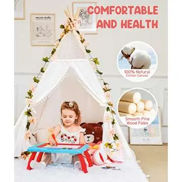 Gamenote Teepee Tent for Kids Indoor Tents with Mat, Inner Pocket, Unique Reinforcement Part - Foldable Play Tent Canvas Tipi Childrens Tents for Girls & Boys (White) (Teepee4)