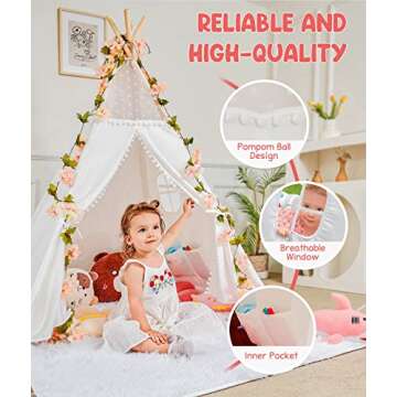 Gamenote Teepee Tent for Kids Indoor Tents with Mat, Inner Pocket, Unique Reinforcement Part - Foldable Play Tent Canvas Tipi Childrens Tents for Girls & Boys (White) (Teepee4)