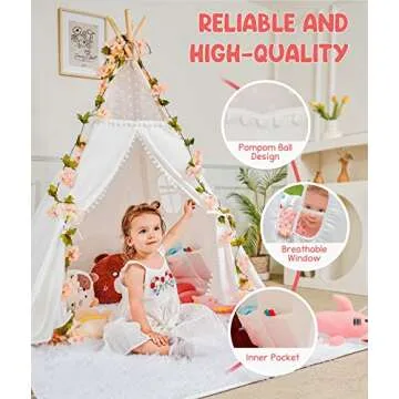 Gamenote Teepee Tent for Kids Indoor Tents with Mat, Inner Pocket, Unique Reinforcement Part - Foldable Play Tent Canvas Tipi Childrens Tents for Girls & Boys (White) (Teepee4)