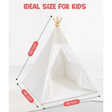 Gamenote Teepee Tent for Kids Indoor Tents with Mat, Inner Pocket, Unique Reinforcement Part - Foldable Play Tent Canvas Tipi Childrens Tents for Girls & Boys (White) (Teepee4)