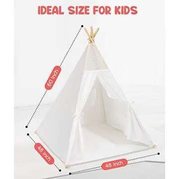 Gamenote Teepee Tent for Kids Indoor Tents with Mat, Inner Pocket, Unique Reinforcement Part - Foldable Play Tent Canvas Tipi Childrens Tents for Girls & Boys (White) (Teepee4)