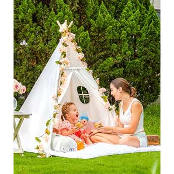 Gamenote Teepee Tent for Kids Indoor Tents with Mat, Inner Pocket, Unique Reinforcement Part - Foldable Play Tent Canvas Tipi Childrens Tents for Girls & Boys (White) (Teepee4)