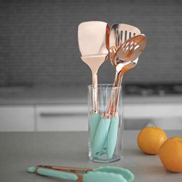 Cook With Color 4 Piece Rose Gold Stainless Steel Cooking Utensil Set with Mint Green Silicone Handles