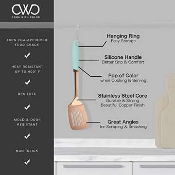 Cook With Color 4 Piece Rose Gold Stainless Steel Cooking Utensil Set with Mint Green Silicone Handles