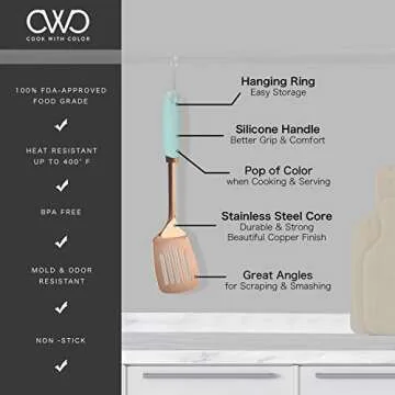 Cook With Color 4 Piece Rose Gold Stainless Steel Cooking Utensil Set with Mint Green Silicone Handles