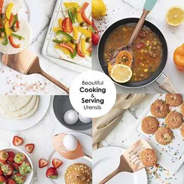 Cook With Color 4 Piece Rose Gold Stainless Steel Cooking Utensil Set with Mint Green Silicone Handles