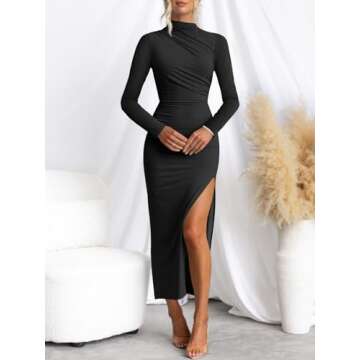 MIROL Women's 2025 Bodycon Maxi Dress Mock Neck Side Slit Fall Long Sleeve Ruched Long Dress Black