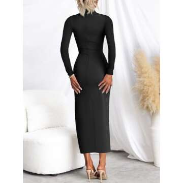MIROL Women's 2025 Bodycon Maxi Dress Mock Neck Side Slit Fall Long Sleeve Ruched Long Dress Black