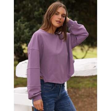 Coynor Womens Dolman Batwing Long Sleeve Crop Tops Loose Shirts Cute Going Out Outfits Fall Crew Neck Tees Blouse Oversized(Violet,XXL)