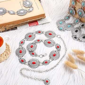 Newtay 4 Pieces Women Turquoise Chain Belt Concho Belts Adjustable Western Metal Waist Chain Belt for Jeans Dresses (Classic Style), Black, White, Red and Green