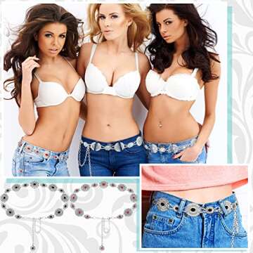 Newtay 4 Pieces Women Turquoise Chain Belt Concho Belts Adjustable Western Metal Waist Chain Belt for Jeans Dresses (Classic Style), Black, White, Red and Green